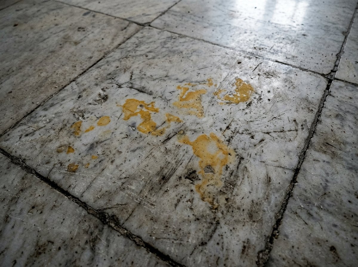Worker scrubbing marble floor